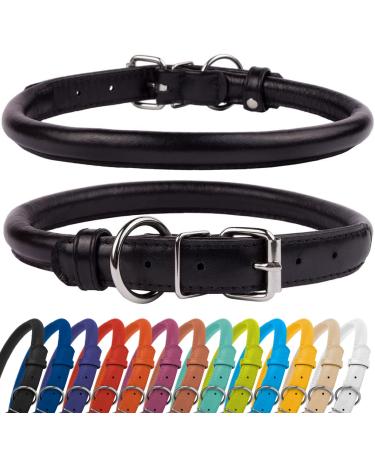 Collardirect round leather dog collar soft padded rolled handmade real leather collar for dog puppy cat small big black pink red purple blue black 40-45 cm