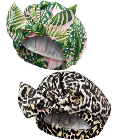 2 Pieces Shower Caps for Women Waterproof Reusable Shower Hair Caps Elastic Hem Turban Shower Bath Caps for Long Short and Curly Hair for Women Girls (Palm Leaf and Leopard)