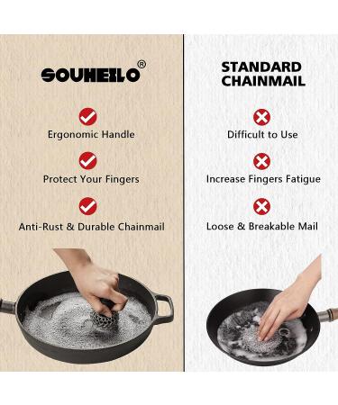 SOUHEILO Cast Iron Cleaning Kit with Upgraded Chainmail Scrubber and Pan Scraper - Medium Black | Dishwasher Safe Skillet Cleaner for Pans, Skillets, Dishes, Pots - Buy Online on GoSupps.com