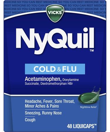 Vicks NyQuil LiquiCaps: Nighttime Relief for Cough, Cold, Flu, Sore Throat, Fever & Congestion - 48 LiquiCaps - Buy Online on GoSupps.com