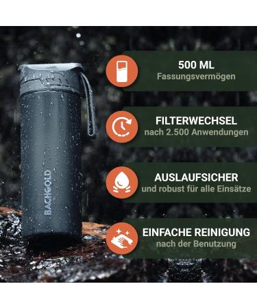 Bachgold Profi Outdoor Water Filter Bottle 650ml - Removes 99.99% Bacteria Filters Viruses Particles & Heavy Metals - Crisis-Safe Black - 1500L Capacity - Buy Online on GoSupps.com