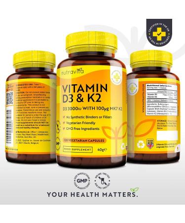 Nutravita Vitamin D3 3000iu & K2 100ug (MK7) - 120 Vegetarian Capsules for Bone, Muscle, and Immune Support - Buy Online on GoSupps.com