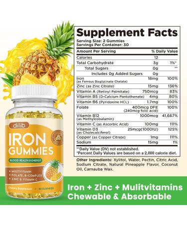 Iron Gummies with Multivitamin Iron Supplement for Women & Men with Zinc Vitamin B Complex & C B12 Folate - Blood Builder & Energy Support for Adults & Kids - Pineapple Flavor Vegan 60 Gummies Pineapple 60 Count (Pack  - Buy Online on GoSupps.com