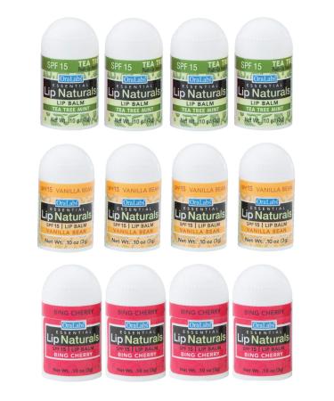 Lip Naturals | Assorted Mini Lip Balm with Sunscreen (SPF-15) | Made in USA | 12-Count Mini Lip Balm Pack with Bing Cherry Tea Tree Mint and Vanilla Bean Flavors (0.10oz/3g Each) Assortment
