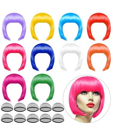 PLULON 10 Pieces Party Wigs and 10 Pieces Wig Caps Set, Neon Short Bob Wig Pack Costume Colorful Cosplay Wig Daily Party Hairpieces for Bachelorette Neon Party Favors, Halloween Decorations Short 10 Colors