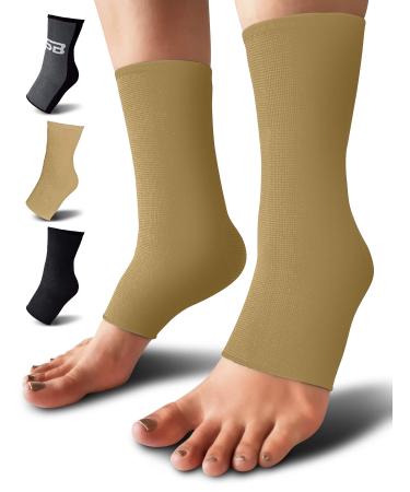 SB SOX Compression Ankle Brace (Pair) – Great Ankle Support That Stays in Place – For Sprained Ankle and Achilles Tendon Support – Perfect Ankle Sleeve for Sports, Any Use Solid - Beige Large