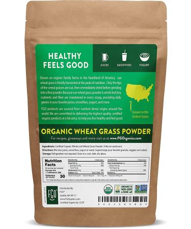 FGO Organic Wheat Grass Powder 16oz - Grown in USA | 100% Whole Leaf | Resealable Bag - Buy Online on GoSupps.com