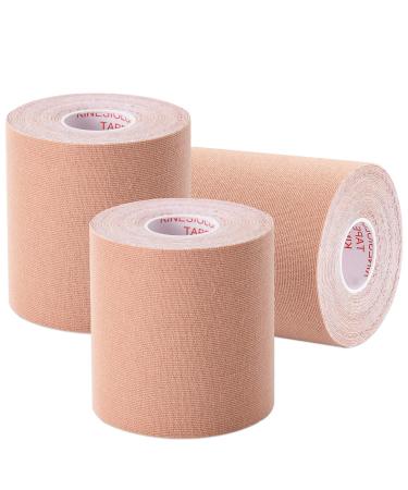 Gstream 3 Pack Kinesiology Tape Water Resistant Muscle Support Adhesive Sport Tape for Pain Relief Latex Free Cotton Elastic Athletic Tape for Joints Knee Ankle Shoulder Wrist - Tan 3in 5.5yd
