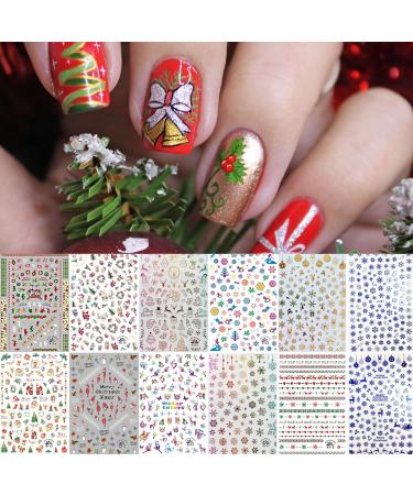 1500+ Patterns Christmas Nail Art Stickers Decals, Kalolary Self-adhesive Nail Stickers Santa Claus Snowflake Snowman Christmas Bell Tree Stick Elk for Christams Nail Decorations (12 Sheet Large Size)
