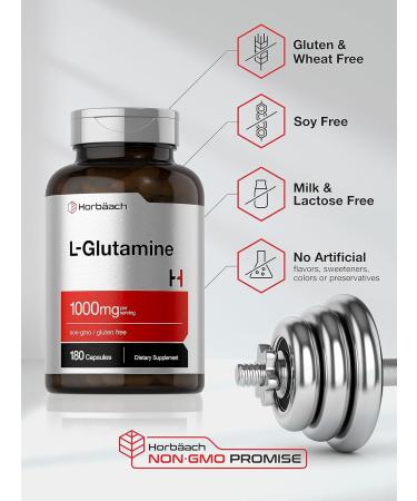 Horbaach L Glutamine Capsules 1000mg | 180 Powder Pills | Supplement for Women and Men | Pre Workout & Post Workout | Non-GMO & Gluten Free - Buy Online on GoSupps.com
