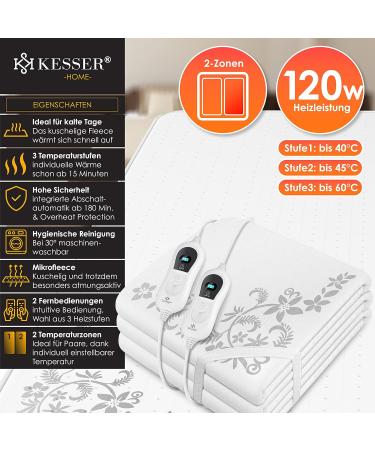Kesser Double Heat Under Bed Blanket 160x140cm | Remote Control | 2 Temperature Zones | Automatic Switch-Off | Soft Fleece Heating Pad - White Pattern - Buy Online on GoSupps.com