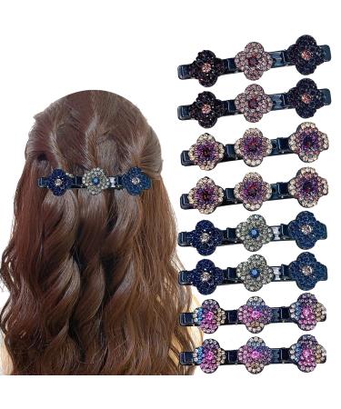 8PCS Sparkling Crystal Stone Braided Hair Clips  Four-Leaf Clover Chopped Hairpin Duckbill Clip with 3 Small Clips  Braided Hair Clip with Rhinestones for Women/Girls