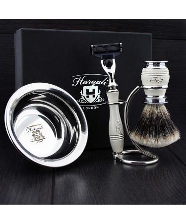 Ivory Men's 4-Piece Razor Set | MACH 3 Razors Silver Tip Brush & Stainless Steel Stand - Redesigned Elegance - Buy Online on GoSupps.com
