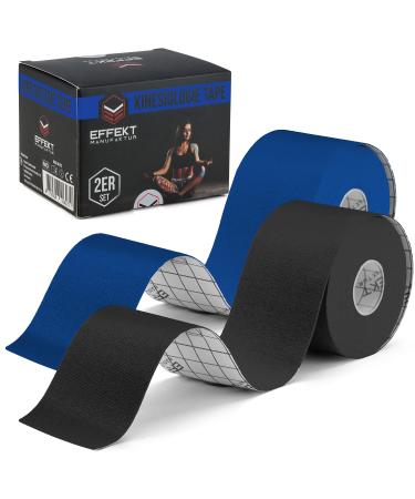 Effekt Kinesiology Tape Waterproof (5 m x 5 cm) 2 Rolls - Elastic Physio Tape for Muscle Support and Injury Recovery Medical Tape Sports Tape Strapping Durable Kinesthetic Tape (Dark Blue + Black) Black + Dark Blue 2 Rolls