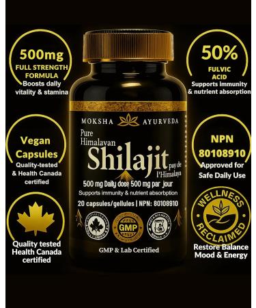 Natural Testosterone Support Energy Detox Vitality Full Strength Shilajit Ultra Gold + 60 Lab Tested Purified Capsules |The Clean Resin Upgrade|Himalayan 500mg 50% Fulvic Acid Moksha Ayurveda - Buy Online on GoSupps.com