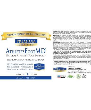 Premium Certified Athlete's Foot MD - All Natural .5 Fl Oz - with 25% Undecylenic Acid, Aloe Vera & Vitamin E - Made in USA - Buy Online on GoSupps.com