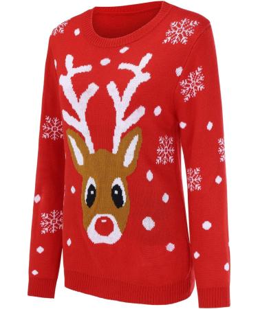Women's Christmas Reindeer Sweater - Knitted Long Sleeve Jumper - Holiday Sweatshirt in Red #5 - Buy Online on GoSupps.com