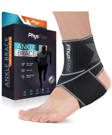 PhysFlex Ankle Brace - Compression Sleeve with Adjustable Strap & Comfy Ankle Support Perfect for Sprained Ankle, Achilles Tendon, Plantar Fasciitis & Sports - Ideal for Men & Women (1, Gray) Gray 1