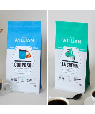 Premium Drip Organic Whole Bean Coffee Blend Discovery Gift Pack | La Crema Medium - Corposo Dark Roast | Specialty Gourmet Fairtrade Sustainably Roasted in Canada - Caf William (DISCOVER FILTER 650g (2 bags)) DISCOVER FILTER 650 g (Pack of 2) - Buy Online on GoSupps.com