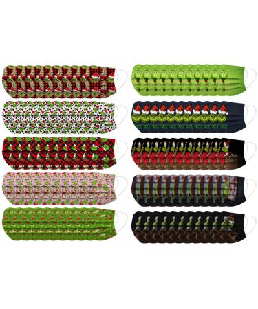 100Pcs Kids Grinch Disposable Face_Mask - Christmas Childrens Face_Mask Assorted Colors Design Boys Girls 3-Ply Face_Covering (Grinch H)
