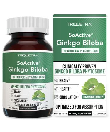 SoActive Ginkgo Biloba | Clinically Proven Ginko Biloba Phytosome - 300% Better Absorption - 180 mg Dose - Brain Heart Mood & Memory Support Supplement - Optimized for Active Nutrients (60 capsule)