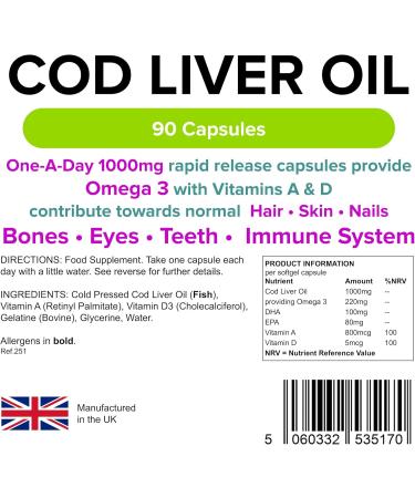Lindens Cod Liver Oil 1000mg Capsules - 90 Pack - High in Omega 3 Vitamins A & D Contributes Towards Normal Skin Hair Nails Bones Eyes Teeth Brain & Immune System - UK Manufacturer Letterbox Friendly - Buy Online on GoSupps.com