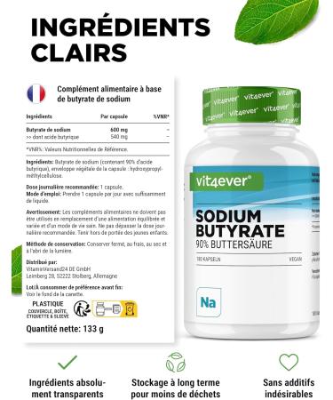 Butyrate de sodium - 180 g lules de 600 mg - Premium : 90% d'acide butyrique - Butyrate de sodium pur sans additifs ind sirables - Hautement dos v g talien - Buy Online on GoSupps.com