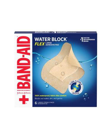 Band-Aid Brand Water Block Flex Large Adhesive Pads, 100% Waterproof Bandage Pads for First-Aid Wound Care of Minor Cuts, Scrapes & Wounds, Ultra-Flexible Design, Sterile, Large, 6 ct Large (Pack of 6)