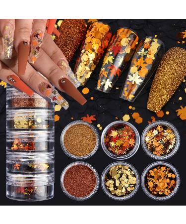 Thanksgiving Fall Maple Leaf Nail Art Glitter Flakes Mixed Golden Orange Manicure Fine Glitter Powder Gold Hexagon Glitter Sequins Supplies for Women Manicure Charms Decorations False Nails Crafts