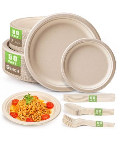 Gezond 250Pcs Disposable Paper Plates Set, Compostable Plate Sugarcane Utensils Eco Friendly Dinnerware Kit Includes 50 Biodegradable Plates, Forks, Knives and Spoons for Party Camping Brown 250 Plates Set