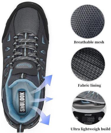 SHULOOK Women's Waterproof Hiking Shoes - Comfortable & Non-Slip | Grey Blue, Size 9 - Buy Online on GoSupps.com