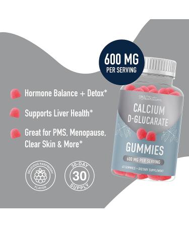 Calcium D-Glucarate Gummies 600MG for Hormone Balance, Clear Skin, Liver Health & Detox Support | Raspberry Flavored Non-GMO Gummy Supplement - 60 Ct - Buy Online on GoSupps.com