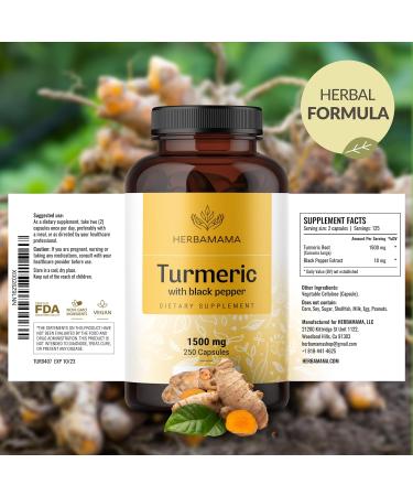 HERBAMAMA Curcumin Turmeric Capsules - 1500mg Curcuma Longa and Black Pepper Extract for Uric Acid & Digestive Support - Vegan Non-GMO Turmeric Antioxidant Supplement 250 Caps - Buy Online on GoSupps.com