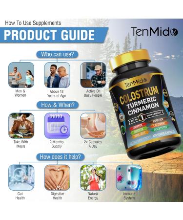 Tenmido Colostrum Supplement - 8in1 Formula - Combine with Turmeric Ceylon Cinnamon Quercetin Royal Jelly Dandelion L- Glutamine and Black Pepper - Digestive Health Support - 120 Capsules - Buy Online on GoSupps.com