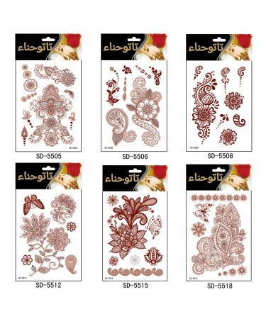 Adecco LLC 6 Sheets Flower Temporary Henna Tattoos, Fashion Flash Women Tattoo, Henna Stickers, Waterproof Red Ink Body Art Stickers. (1)