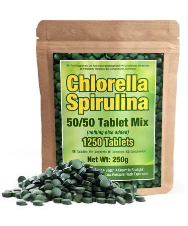Premium Chlorella Spirulina 1,250 Tablets - 4 Months Supply, Non-GMO, Vegan Organic Capsules, Broken Cell Wall, Alkalizing, High Protein with Iron/Zinc/Chlorophyll, by Good Natured 1250 Count (Pack of 1)