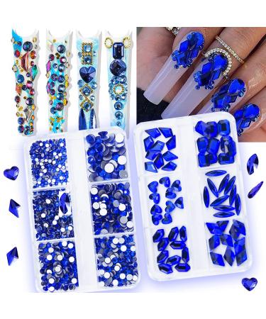 1060Pcs Royal Blue Nail Rhinestones Flatback Blue Gems Crystals Glass Stones Round Beads Multi Shapes Sizes Nail Rhinestones Charms for Nail DIY Crafts Clothes Shoes Jewelry S2