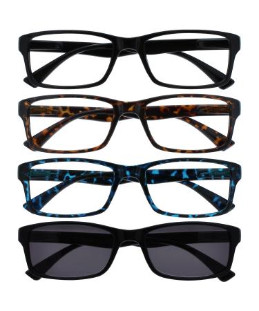 The reading glasses are underway black brown blue readers with black sun reader value 4-pack men women rrrs92-1231 +3.00 +3.00 diopters black / brown / blue +black sun