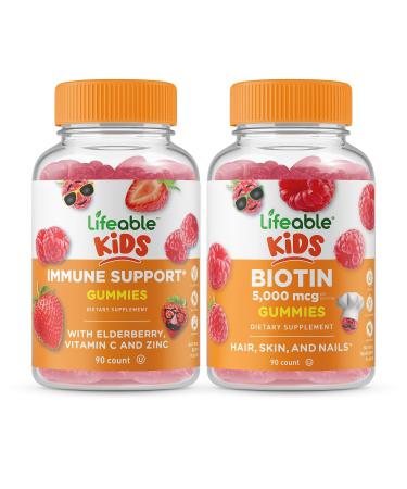 Lifeable Immune Support Kids + Biotin Kids Gummies Bundle - Great Tasting Vitamin Supplement Gluten Free GMO Free Chewable Gummy