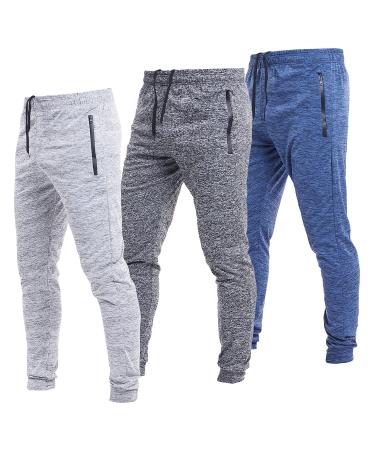 Ultra Performance 3 Pack Athletic Tech Mens Joggers Track Pants for Men with Zipper Pockets Grey/Black/Blue Marled With Rubber Zipper Large