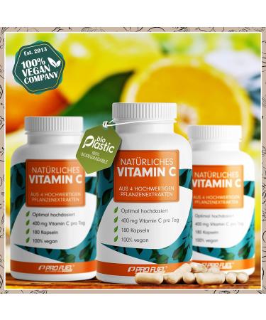 Natural Vitamin C Complex - 3x180 Vegan Capsules with Amla Acerola Camu-Camu & Rose Hips - 400mg Daily - Additive-Free - 9-Month Supply - Made in Germany - Buy Online on GoSupps.com