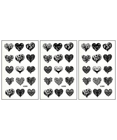 ONCEX Mini 3 Sheets Tattoos Heart Temporary Tattoos Stickers Waterproof Black Heart Flower Vine Cartoon Art Body Arm Chest Shoulder Tattoos for Teens Men Women Fashion Fun Party
