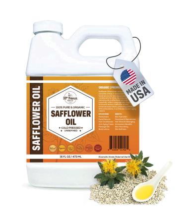 ORGANIC SAFFLOWER OIL (16 oz) Premium Cold Pressed Unrefined High Oleic 100% Pure Safflower Oil for Skin Face Hair Soap Making | Carrier for Essential Oils | Available in Bulk | 16 FL OZ