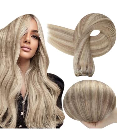Full Shine Blonde Human Hair Weft Extensions #18/613 Ash Blonde Highlight Sew in Weft Hair Extensions Real Human Hair 14 Inch 100g Hand Tied Weft Human Hair Extensions 14