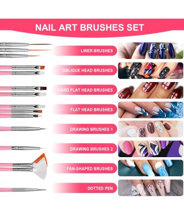Fandamei 22-Part Nail Art Brush Set - 15 Nail Brushes 5 Dotting Pens Sponge Brushes & Tweezers for Professional Nail Design - Pink - Buy Online on GoSupps.com