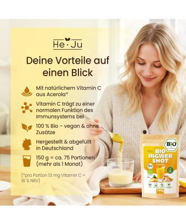  He-Ju He-Ju Bio Ginger Shot Powder 150g (75 Shots) with Natural Vitamin C from Acerola Extra Strong Vegan No Additives Lab Tested Sugar Free 100% Natural Ingredients - Buy Online on GoSupps.com