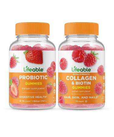 Lifeable Probiotic 2 Billion CFU + Collagen & Biotin Gummies Bundle - Great Tasting Vitamin Supplement Gluten Free GMO Free Chewable Gummy