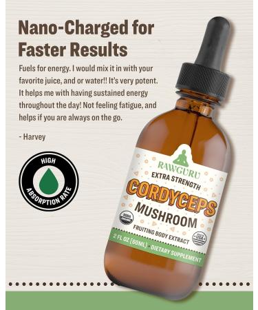 RawGuru Cordyceps Mushroom Supplement - Vegan Cordyceps Extract with Trace Minerals - Nano-Processed Immunity Boost & Cognitive Supplement Tincture - 60 Servings of Vegan Drops per 60 ml Pack of 1 2 Fl Oz (Pack of 1) - Buy Online on GoSupps.com