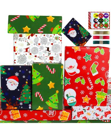 Kids Christmas Wrapping Paper Sheets-Children Christmas Gift Wrapping Paper Christmas Gift Wrap Set with Sticker Ribbon-Fun XMAS Gift Wrap Christmas Rapping Paper with Red Green Deer Tree Santa Design-XMAS Wrapping Paper for Present Wrapping Paper-Christm