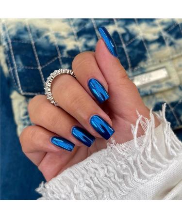 Royal Blue Chrome Square Press-On Nails - Metallic False Acrylic Nails for Women | KQueenest Short & Medium Length Glossy Stick-ons - Buy Online on GoSupps.com